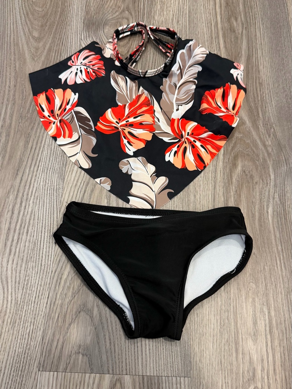 High Neck Floral Tankini Top with Black Bikini Bottom